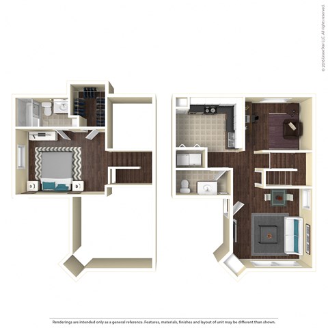 Floor plan for 1 bed, 1.5 baths, 836 sqft